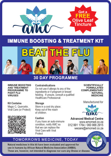 The AMC Beat The Flu Kit contains 3 products especially formulated to elevate the immune system and assist in treating flu viruses. Get a FREE Olive Leaf Tincture valued at R240 with your purchase. www.amcmed.co.za